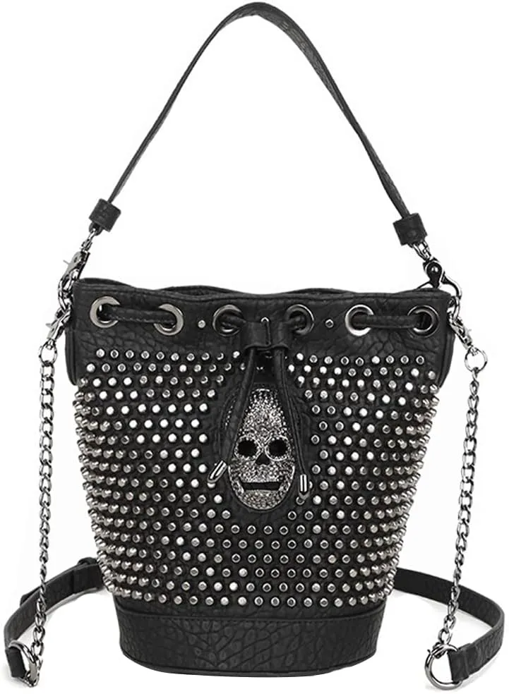 Downupdown Bucket Bags for Women Skull Purses Vegan Leather Satchel Drawstring Shoulder Handbags Gothic Hobo Crossbody Bag