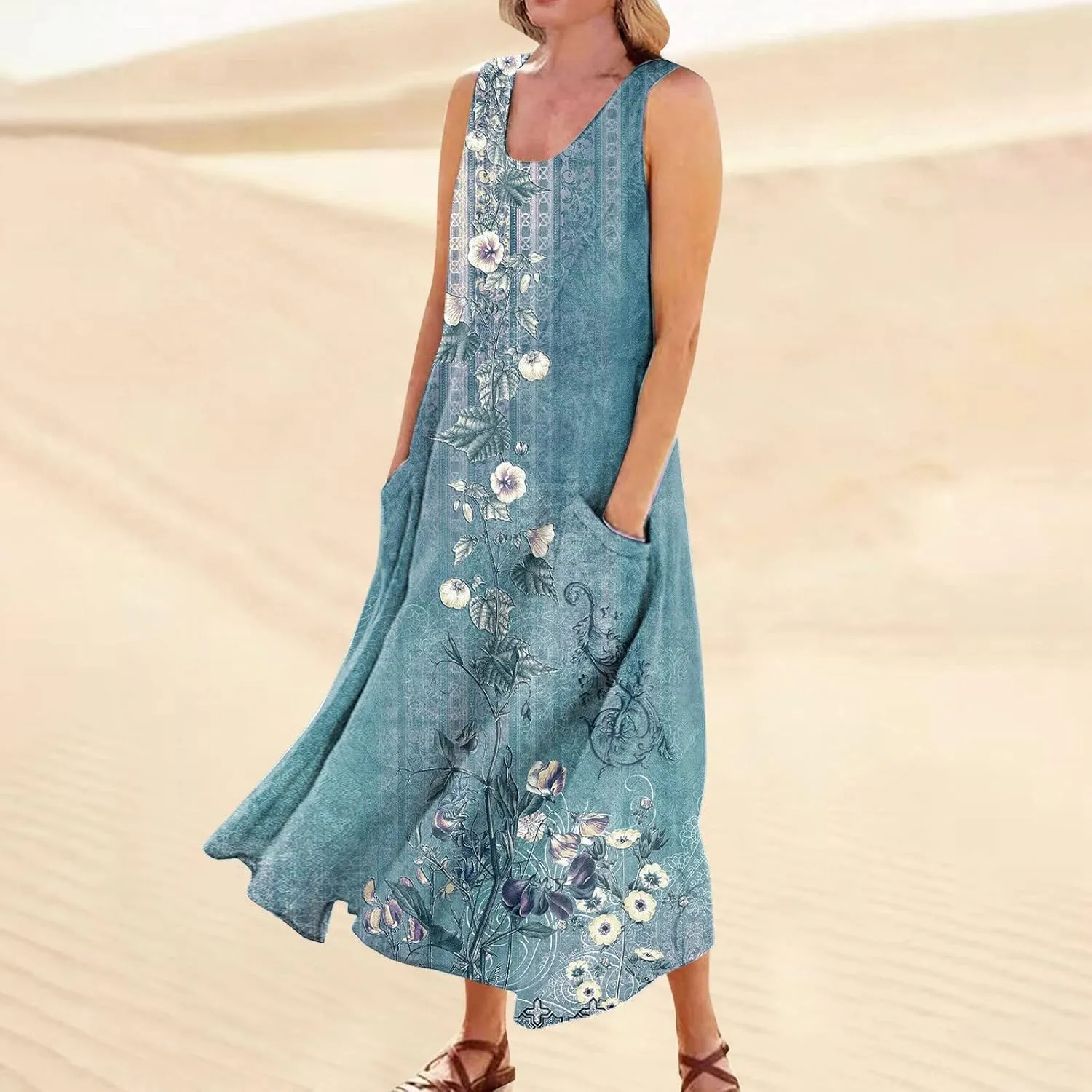 Dresses for Women 2025 Floral Print Sleeveless Beach Dress U Neck A-Line Boho Dress Casual Sundress with Pockets