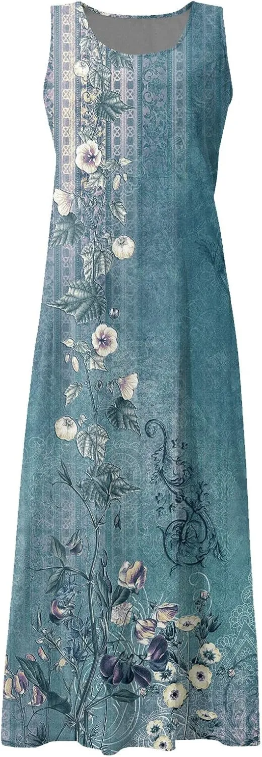 Dresses for Women 2025 Floral Print Sleeveless Beach Dress U Neck A-Line Boho Dress Casual Sundress with Pockets