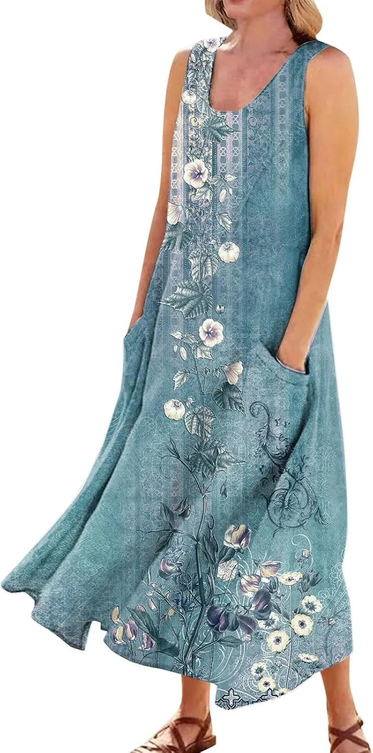 Dresses for Women 2025 Floral Print Sleeveless Beach Dress U Neck A-Line Boho Dress Casual Sundress with Pockets