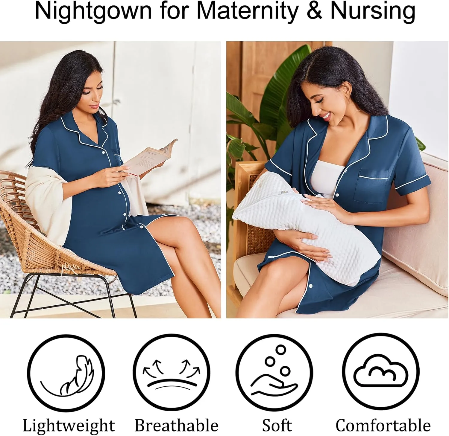 Ekouaer Nightgowns for Women Bamboo Viscose Sleep Shirts Button Down Night Shirt Short Sleeve Boyfriend Pajama Dress