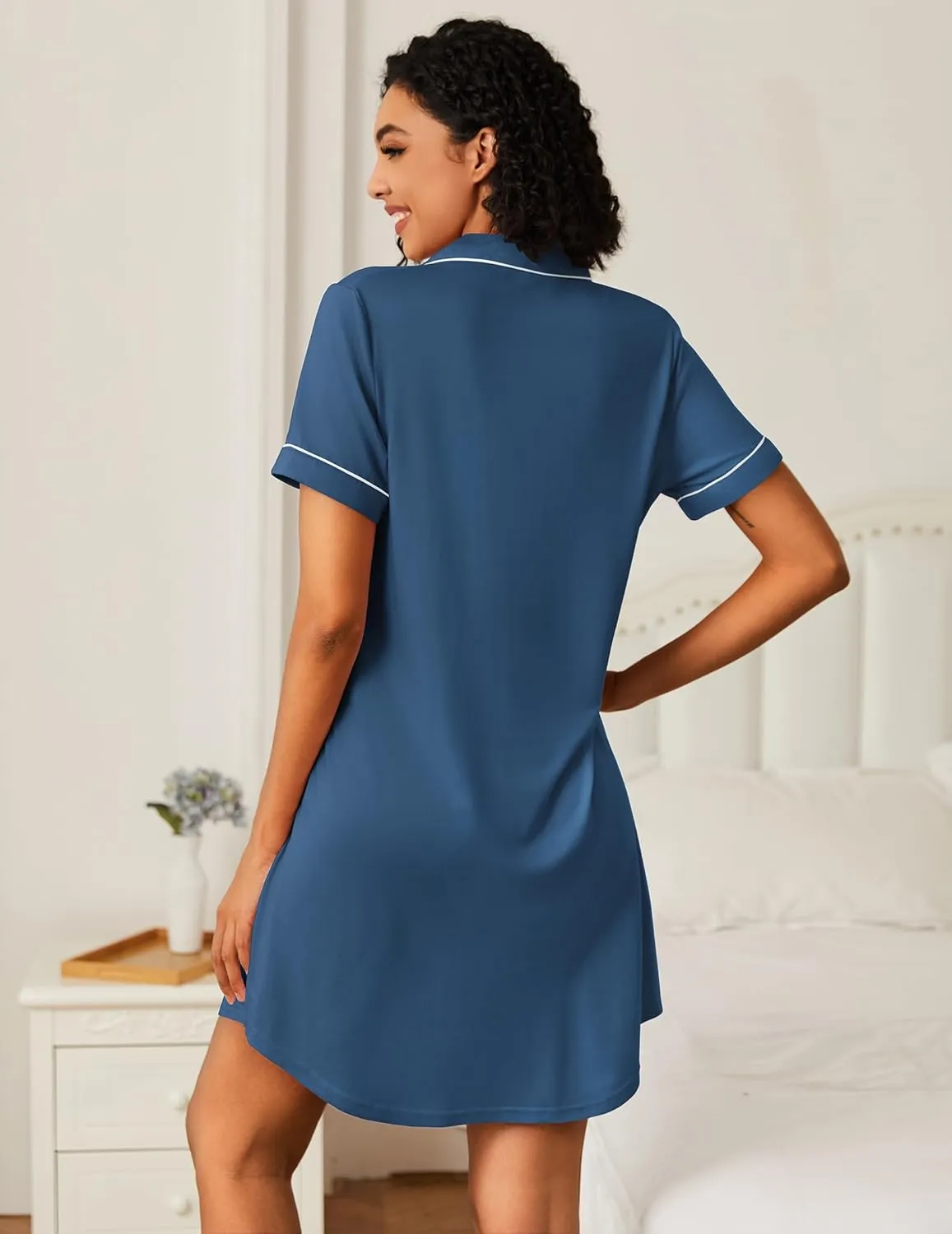 Ekouaer Nightgowns for Women Bamboo Viscose Sleep Shirts Button Down Night Shirt Short Sleeve Boyfriend Pajama Dress