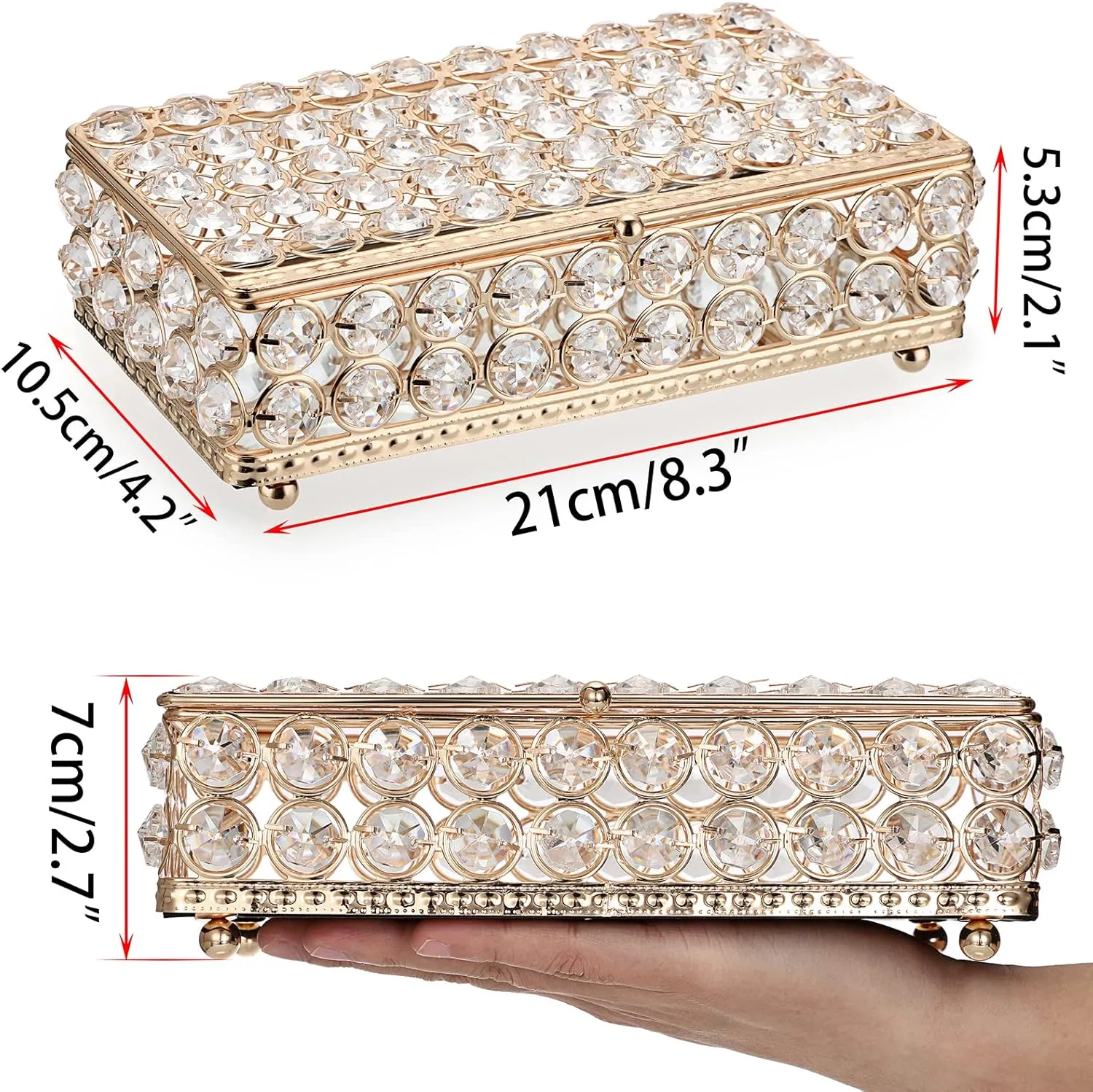 ELLDOO Crystal Jewelry Box Rectangle Trinket Organizer Earrings Rings Box Treasure Box Storage Home Decor Accent Decorative Box with Lid for Valentine Wedding Christmas Birthday Gift, Gold