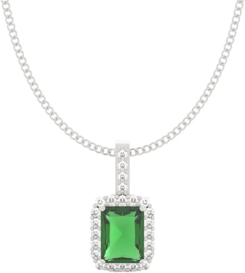 Emerald Green Princess Cut Pendant with CZ Halo  Regal Square Solitaire Necklace for Women