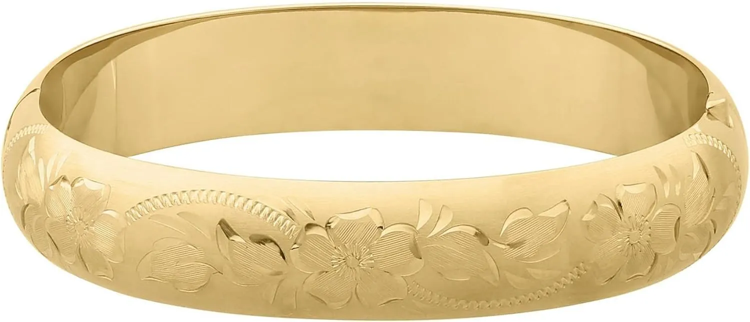 Engraved Floral Pattern Gold Filled Bangle Bracelet | 12mm