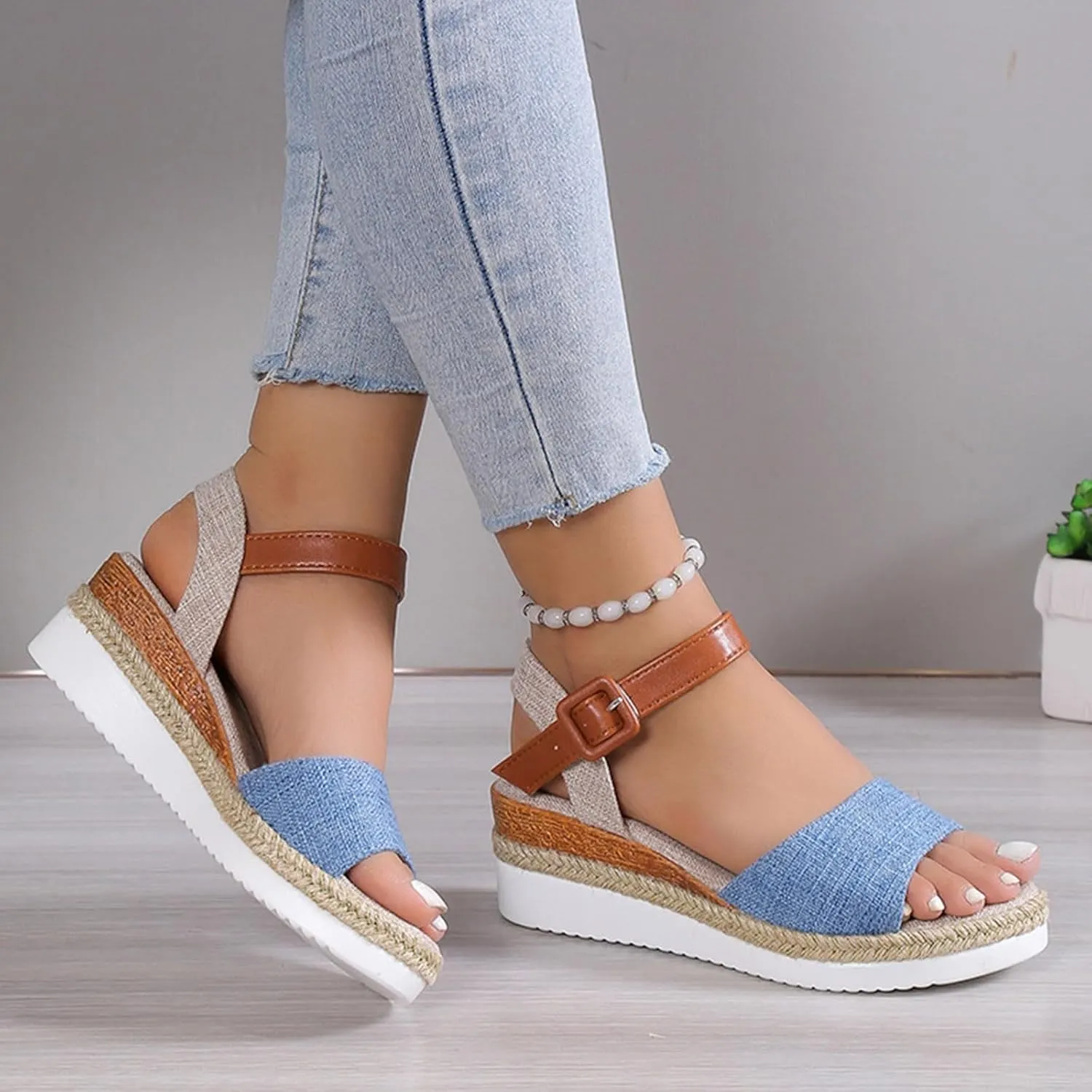 Espadrille Dressy Wedge Sandals Orthopedic Platform Espadrille Slip On Sandals Comfortable Fashion Braided Heels Shoes with Adjustable Ankle Strap Metal Buckle