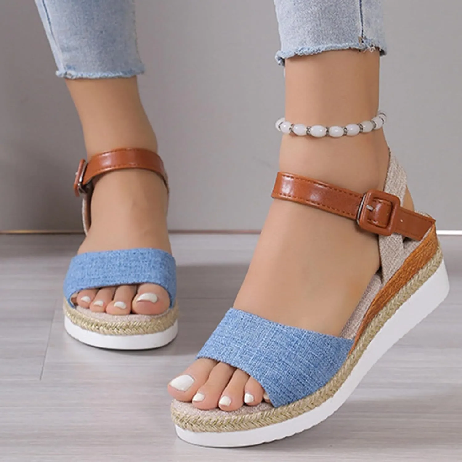 Espadrille Dressy Wedge Sandals Orthopedic Platform Espadrille Slip On Sandals Comfortable Fashion Braided Heels Shoes with Adjustable Ankle Strap Metal Buckle