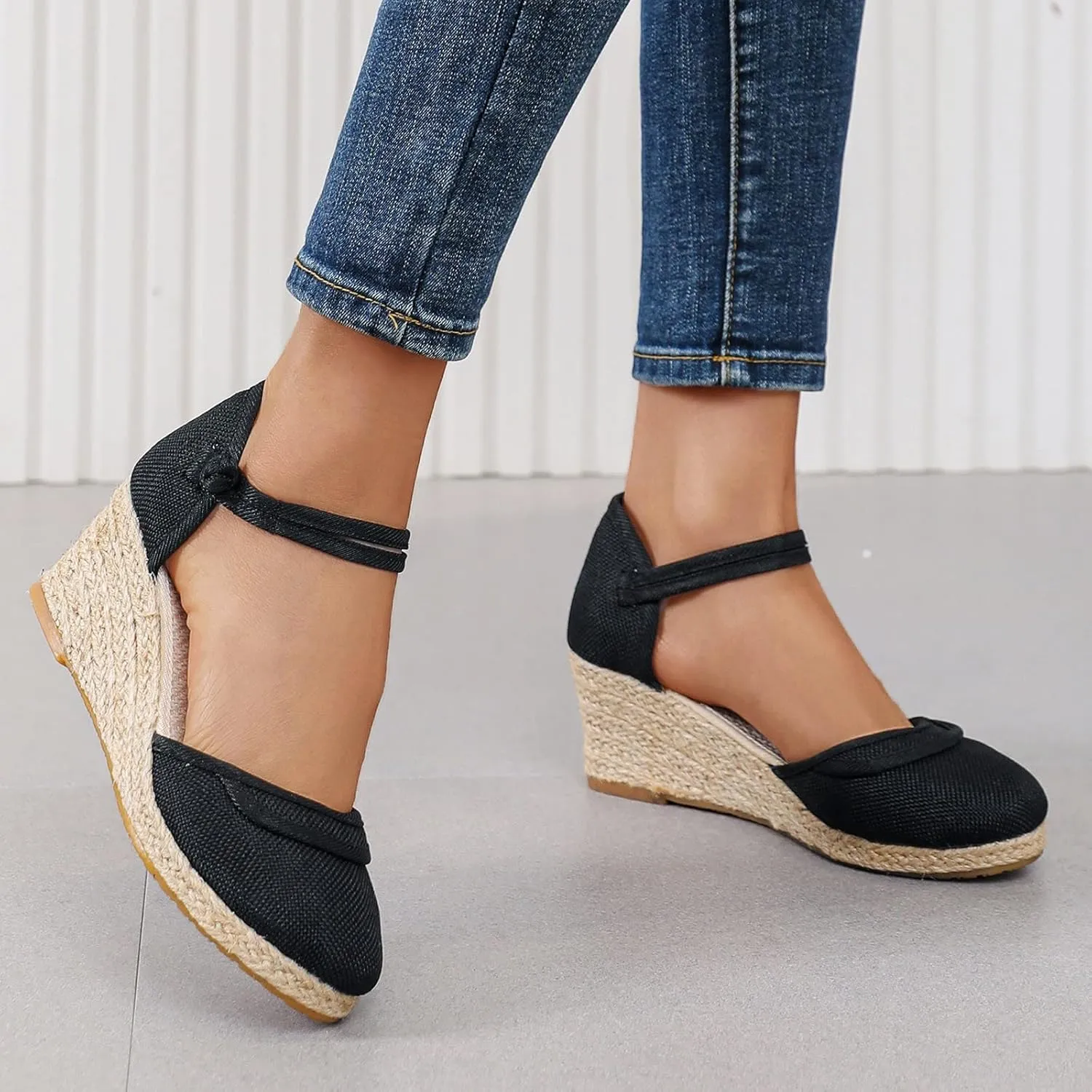 Espadrilles Wedge Sandals for Women,Closed Pointed Toe Orthopedic Backless Platform Sandal Ladies Arch Support Comfy Strappy Shoes Cushion Footbed Casual Shoe for Outdoor Indoor