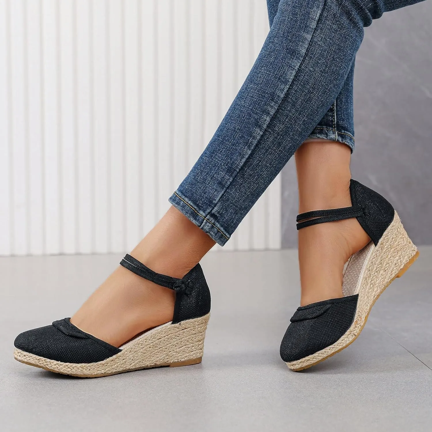 Espadrilles Wedge Sandals for Women,Closed Pointed Toe Orthopedic Backless Platform Sandal Ladies Arch Support Comfy Strappy Shoes Cushion Footbed Casual Shoe for Outdoor Indoor