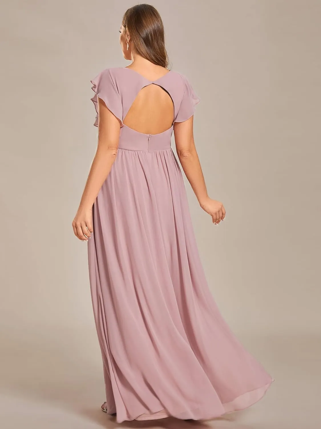 Ever-Pretty Plus Women's Summer Chiffon Ruffles Sleeve Pleated Back Cutout Plus Size Bridesmaid Dresses Formal Gowns