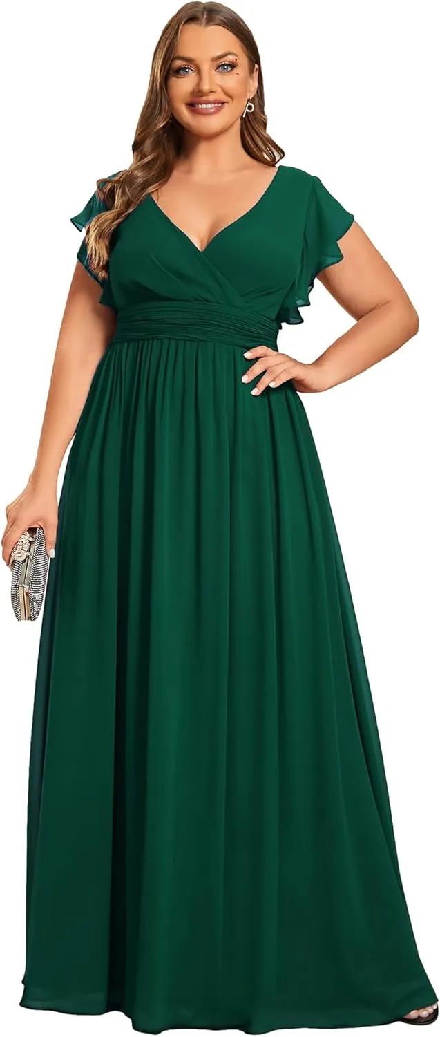 Ever-Pretty Plus Women's Summer Chiffon Ruffles Sleeve Pleated Back Cutout Plus Size Bridesmaid Dresses Formal Gowns