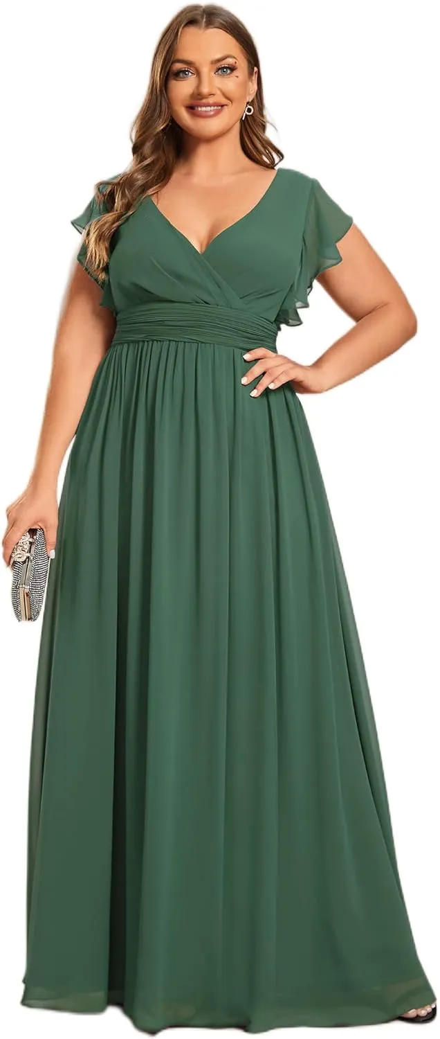 Ever-Pretty Plus Women's Summer Chiffon Ruffles Sleeve Pleated Back Cutout Plus Size Bridesmaid Dresses Formal Gowns
