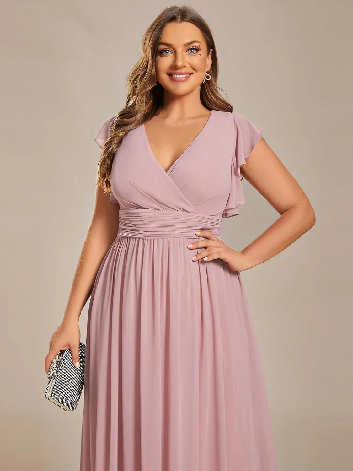 Ever-Pretty Plus Women's Summer Chiffon Ruffles Sleeve Pleated Back Cutout Plus Size Bridesmaid Dresses Formal Gowns