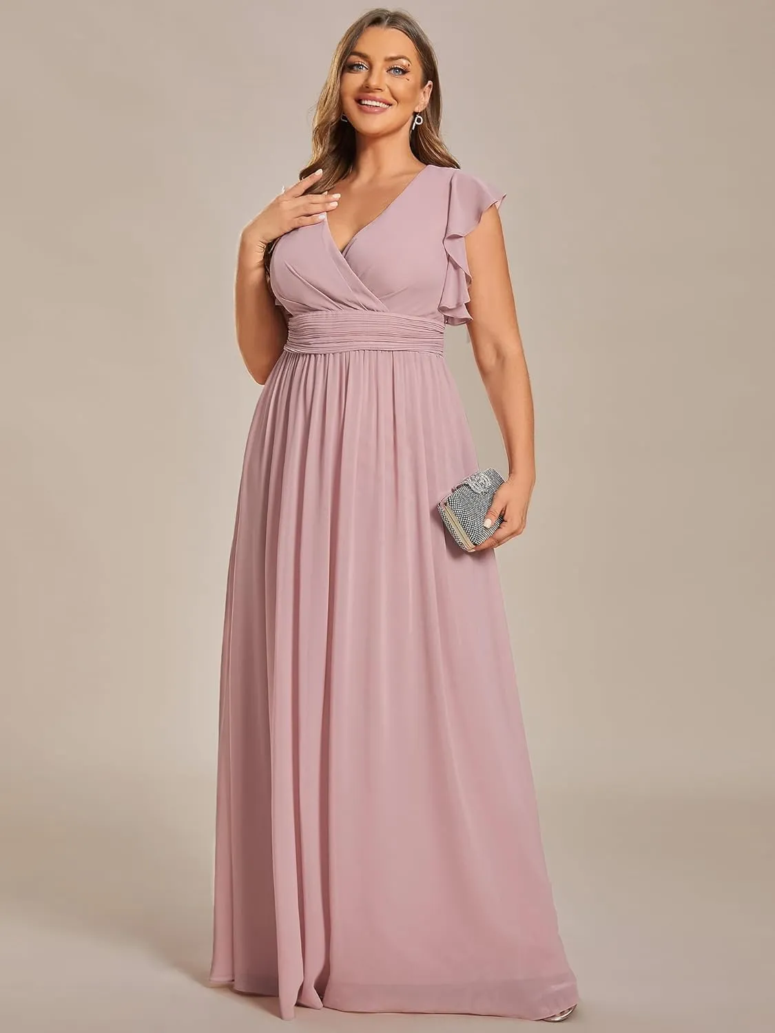 Ever-Pretty Plus Women's Summer Chiffon Ruffles Sleeve Pleated Back Cutout Plus Size Bridesmaid Dresses Formal Gowns