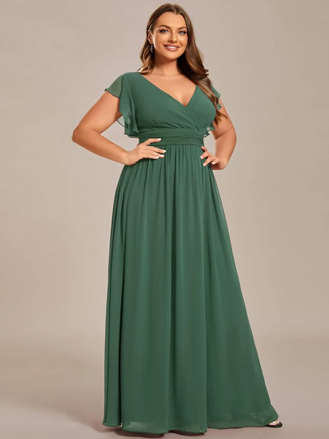 Ever-Pretty Plus Women's Summer Chiffon Ruffles Sleeve Pleated Back Cutout Plus Size Bridesmaid Dresses Formal Gowns