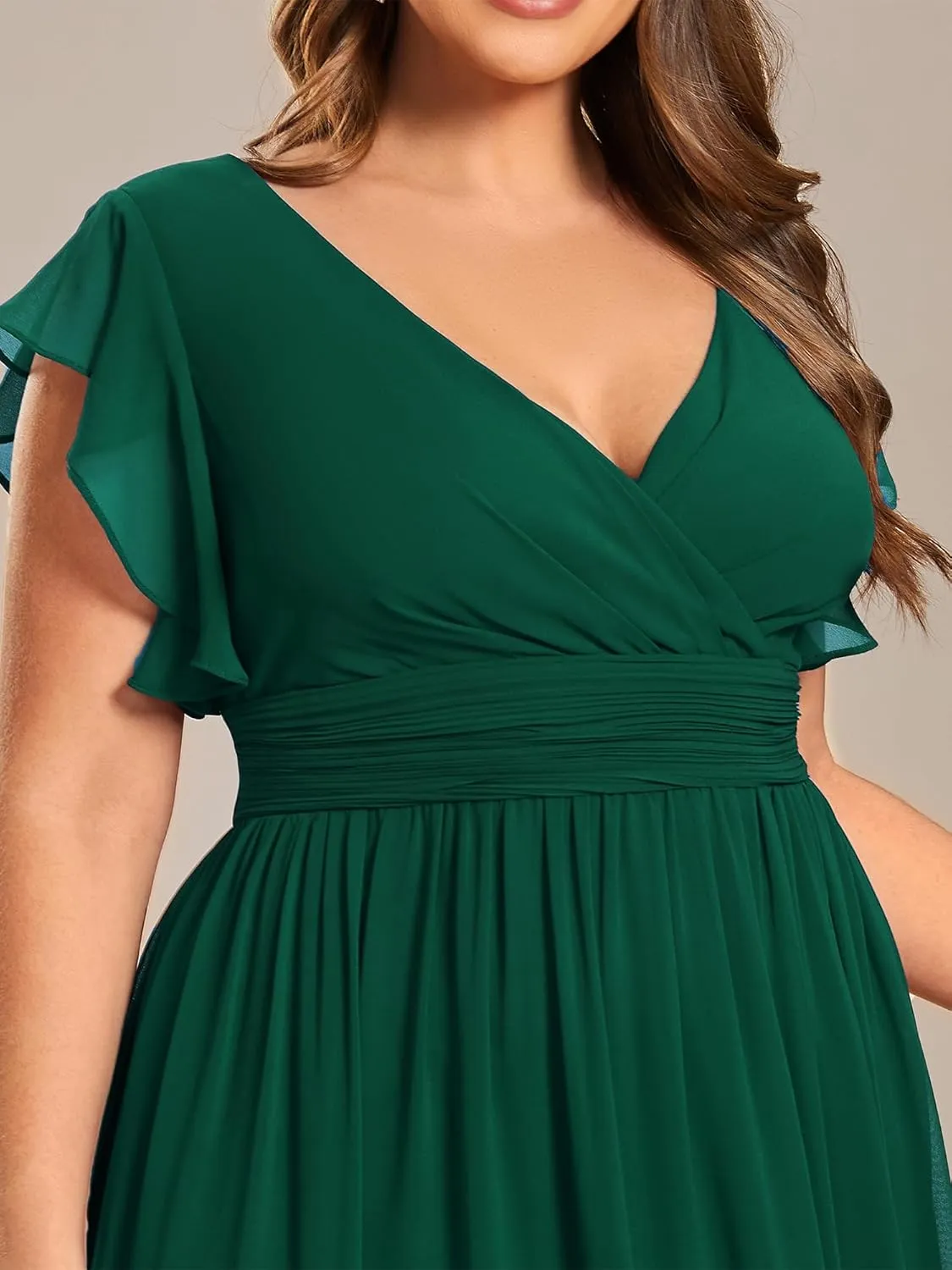 Ever-Pretty Plus Women's Summer Chiffon Ruffles Sleeve Pleated Back Cutout Plus Size Bridesmaid Dresses Formal Gowns