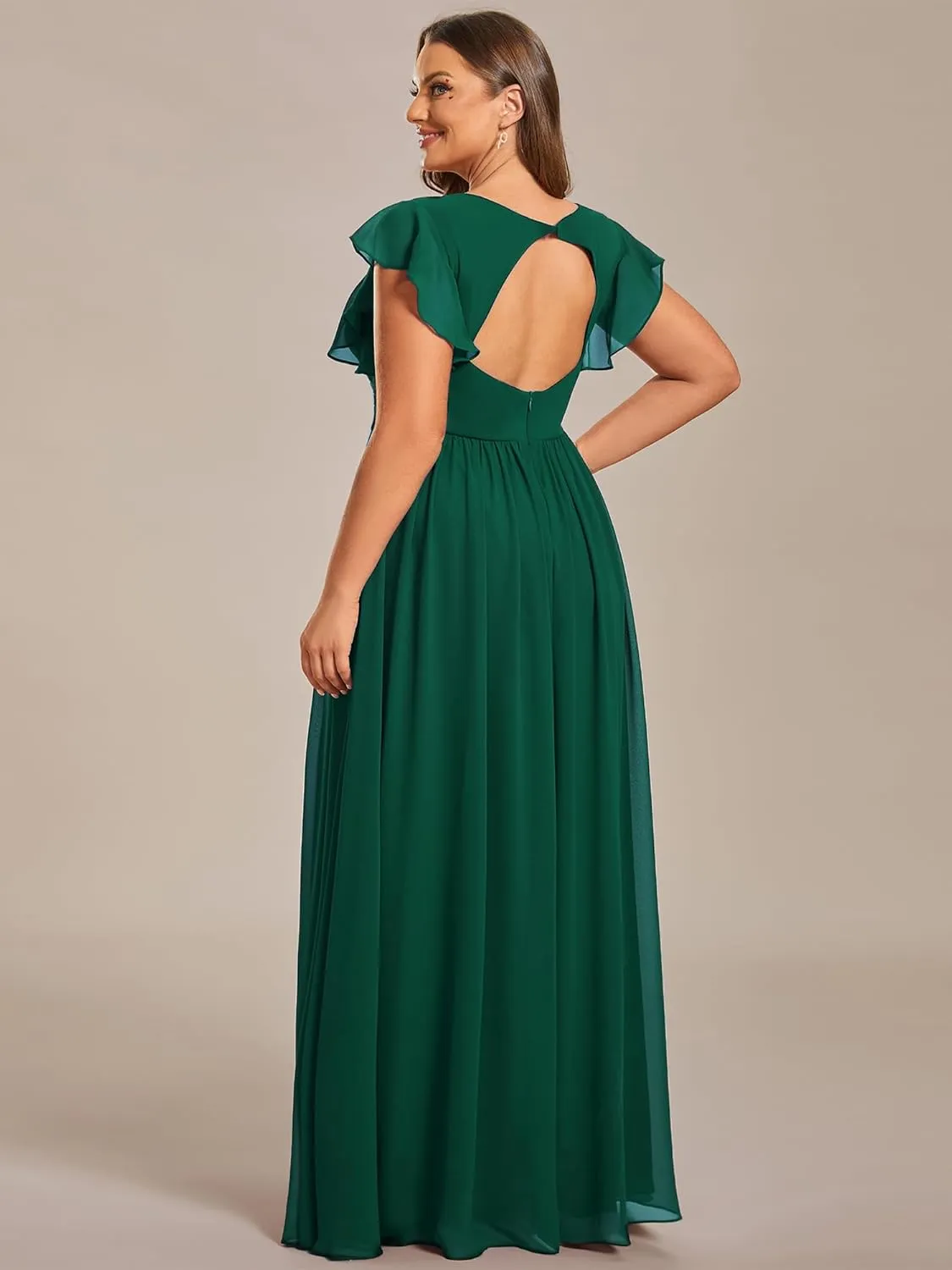 Ever-Pretty Plus Women's Summer Chiffon Ruffles Sleeve Pleated Back Cutout Plus Size Bridesmaid Dresses Formal Gowns