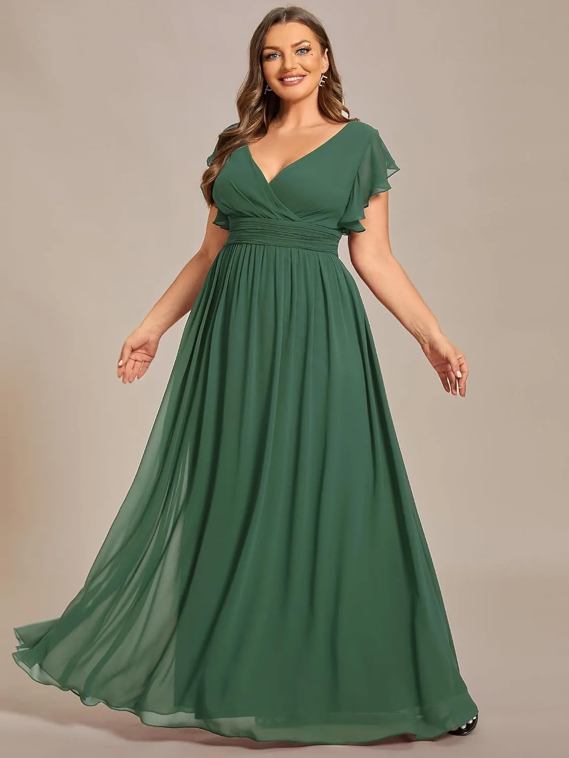 Ever-Pretty Plus Women's Summer Chiffon Ruffles Sleeve Pleated Back Cutout Plus Size Bridesmaid Dresses Formal Gowns