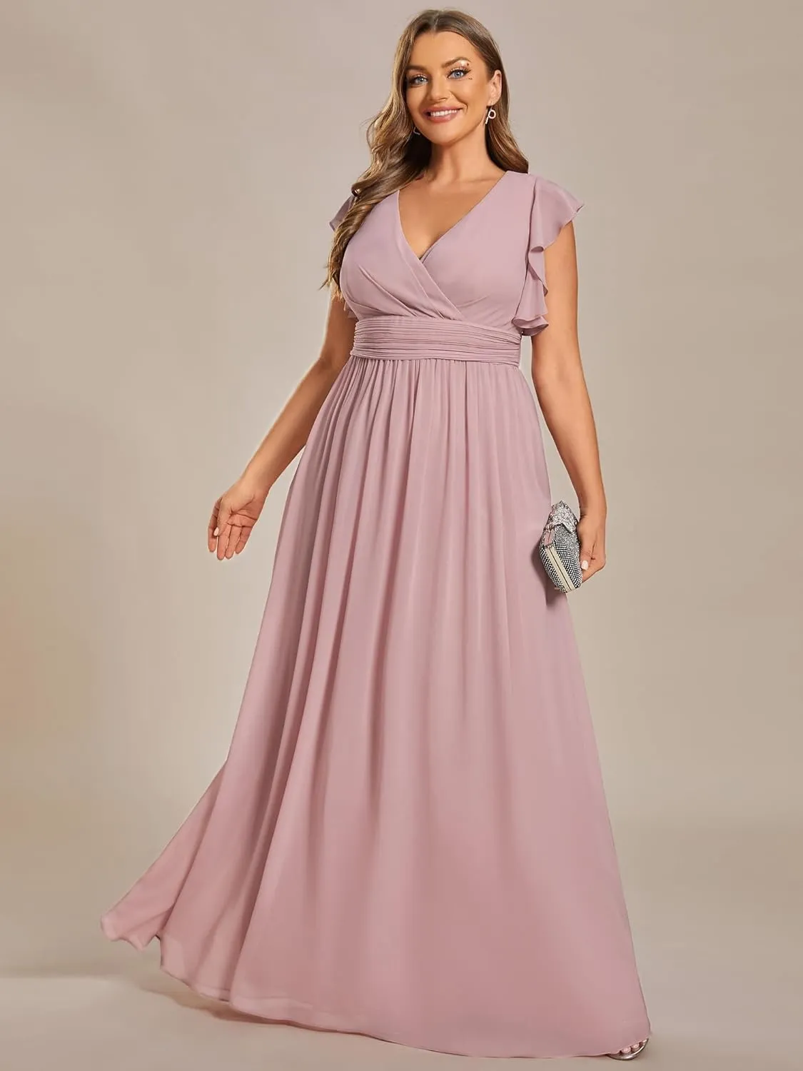 Ever-Pretty Plus Women's Summer Chiffon Ruffles Sleeve Pleated Back Cutout Plus Size Bridesmaid Dresses Formal Gowns