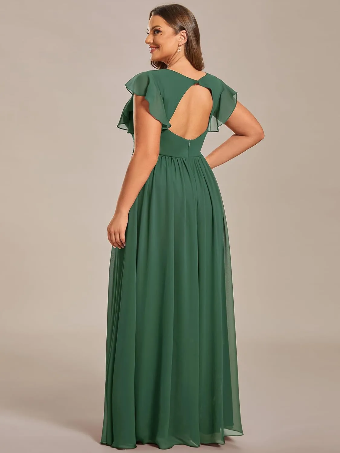 Ever-Pretty Plus Women's Summer Chiffon Ruffles Sleeve Pleated Back Cutout Plus Size Bridesmaid Dresses Formal Gowns