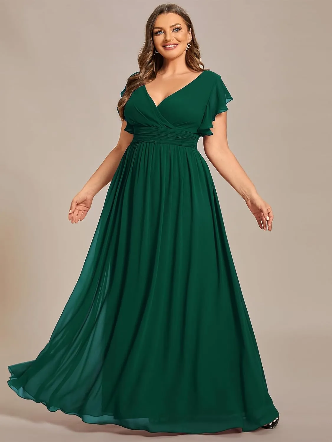 Ever-Pretty Plus Women's Summer Chiffon Ruffles Sleeve Pleated Back Cutout Plus Size Bridesmaid Dresses Formal Gowns