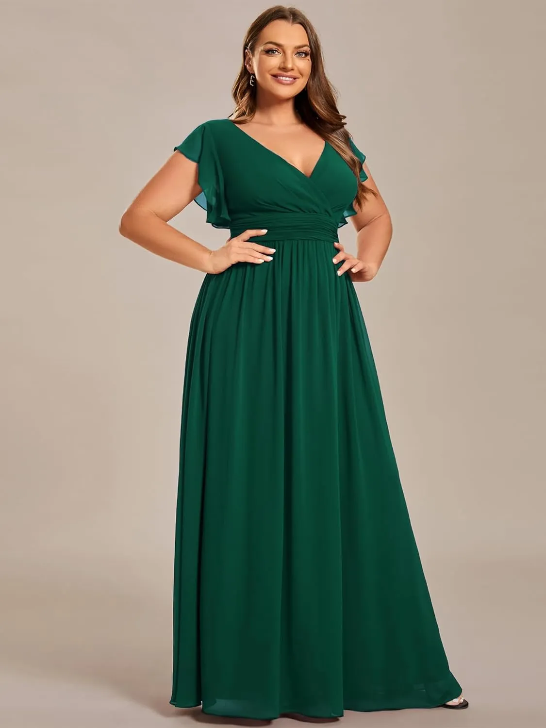 Ever-Pretty Plus Women's Summer Chiffon Ruffles Sleeve Pleated Back Cutout Plus Size Bridesmaid Dresses Formal Gowns