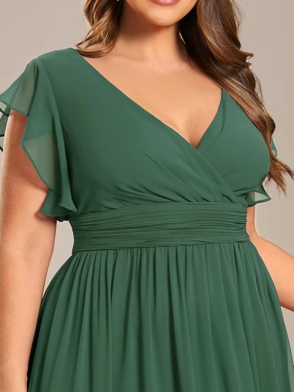 Ever-Pretty Plus Women's Summer Chiffon Ruffles Sleeve Pleated Back Cutout Plus Size Bridesmaid Dresses Formal Gowns