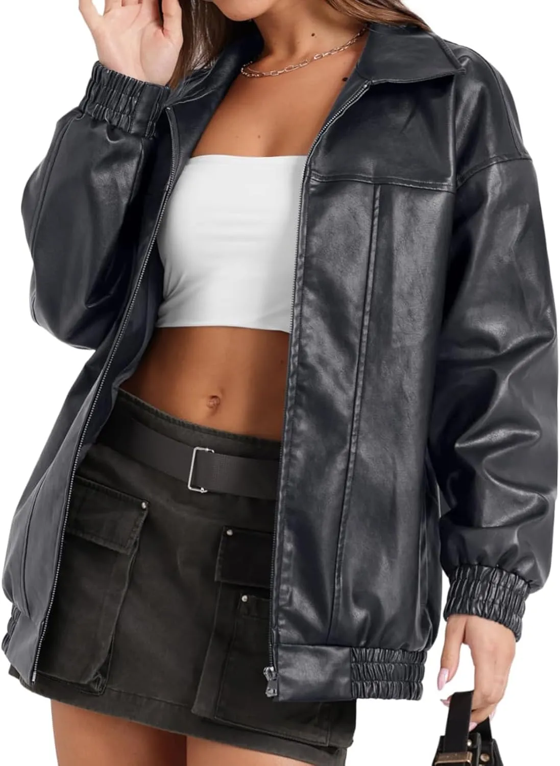 Faux Leather Jacket Women Oversized Casual Zip Up Jacket Motorcycle Bomber Jacket Coat Trendy Fall Winter Clothes