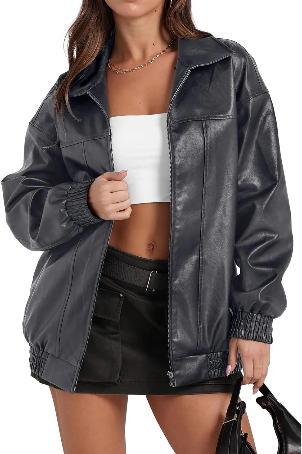 Faux Leather Jacket Women Oversized Casual Zip Up Jacket Motorcycle Bomber Jacket Coat Trendy Fall Winter Clothes