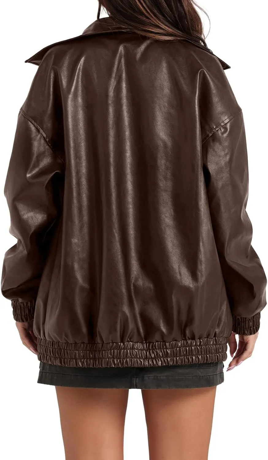 Faux Leather Jacket Women Oversized Casual Zip Up Jacket Motorcycle Bomber Jacket Coat Trendy Fall Winter Clothes