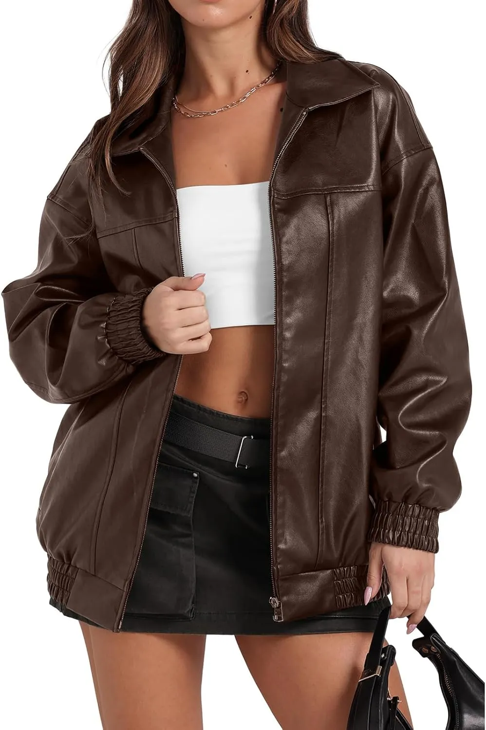 Faux Leather Jacket Women Oversized Casual Zip Up Jacket Motorcycle Bomber Jacket Coat Trendy Fall Winter Clothes