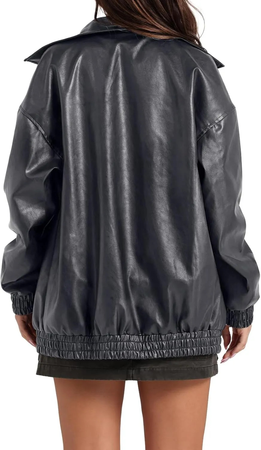 Faux Leather Jacket Women Oversized Casual Zip Up Jacket Motorcycle Bomber Jacket Coat Trendy Fall Winter Clothes