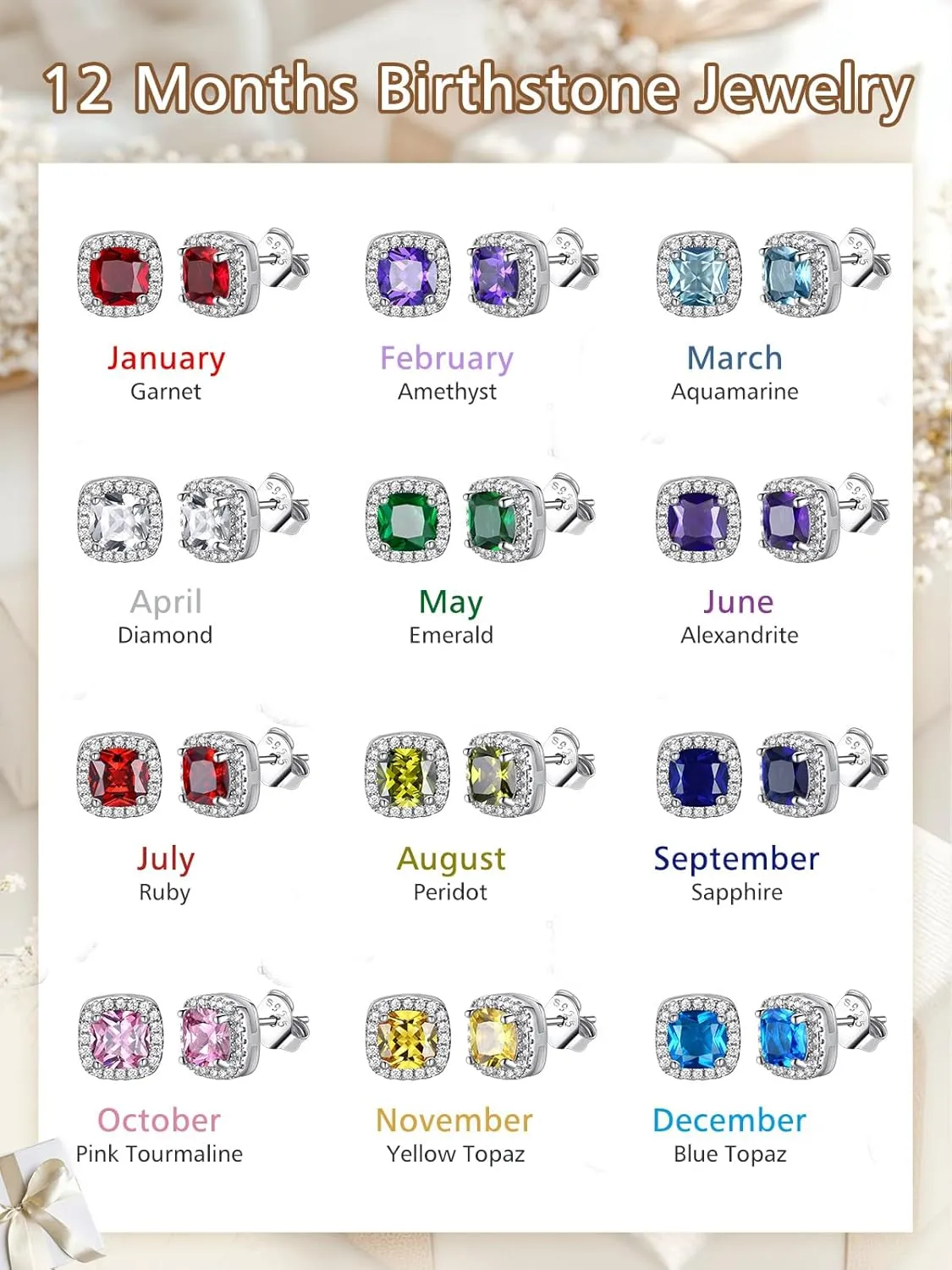 FindChic Birthstone Earrings for Women, Round/Heart/Square/Teardrop Earrings with 925 Sterling Silver Posts & Push Backs, Hypoallergenic Studs with Cubic Zirconia, 12 Months Jewelry with Gift Box