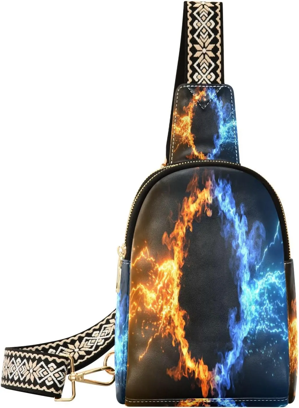 Fire and Ice Design Fanny Pack Crossbody PC Leather Small Sling Bag for Women with Spark Fashion Waist Packs Chest Bag for Travel Sports Running Hiking