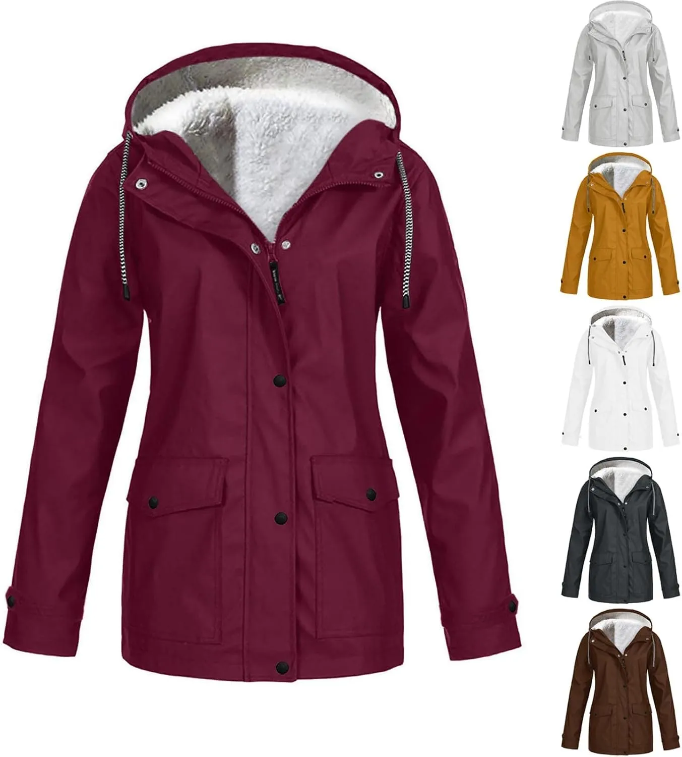 Fleece Lined Rain Jacket Women Plus Size Hoodie Raincoat Waterproof Coats Zip Mountain Windbreaker Outdoor Outerwear