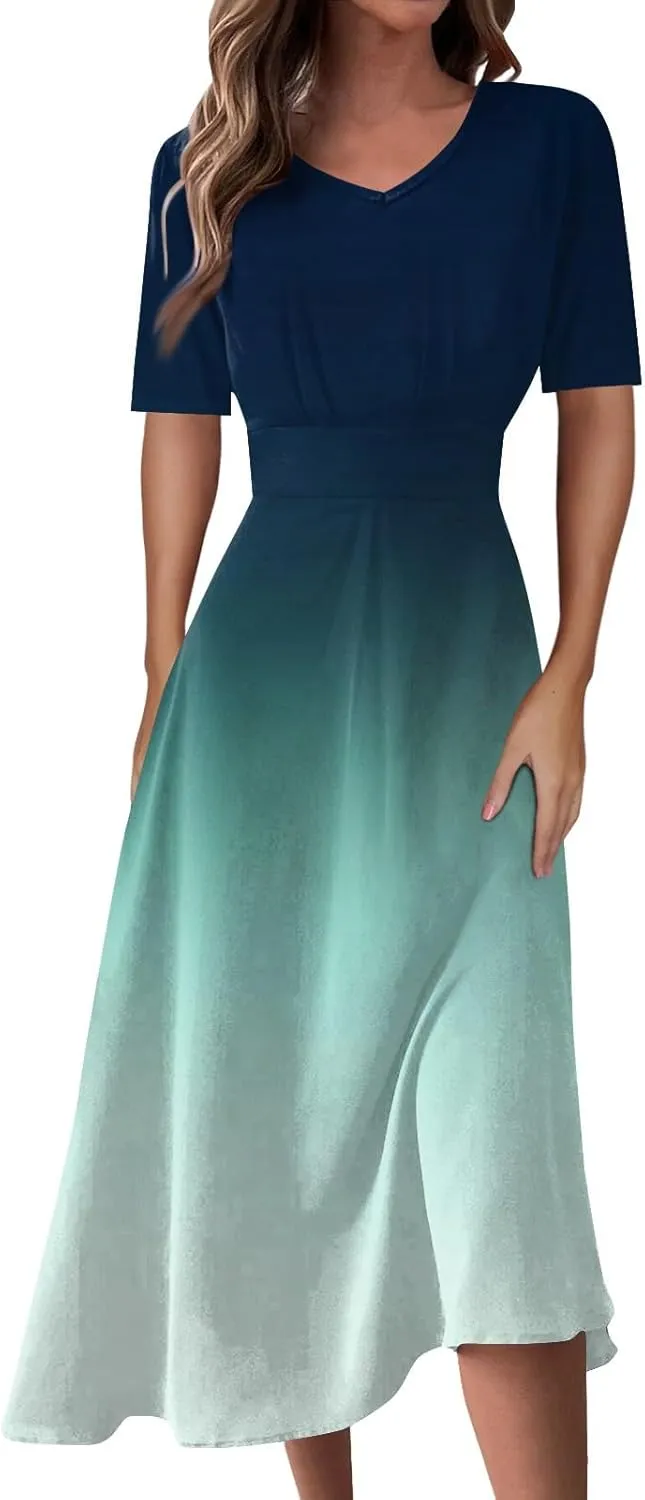 FlekmanArt Maxi Dress for Women Print Short Sleeve A-Line Beach Waist V Neck Trendy Swing Dress