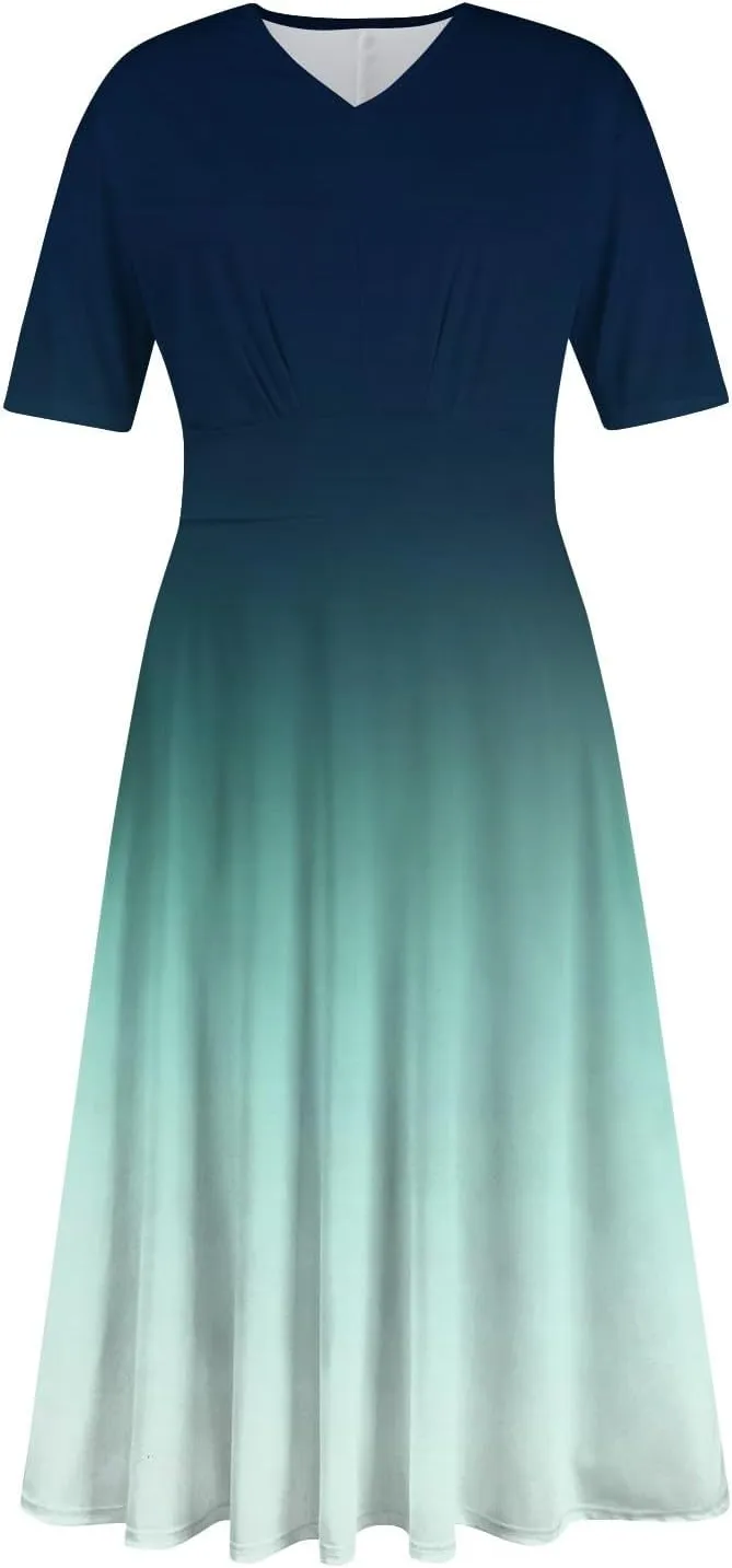 FlekmanArt Maxi Dress for Women Print Short Sleeve A-Line Beach Waist V Neck Trendy Swing Dress