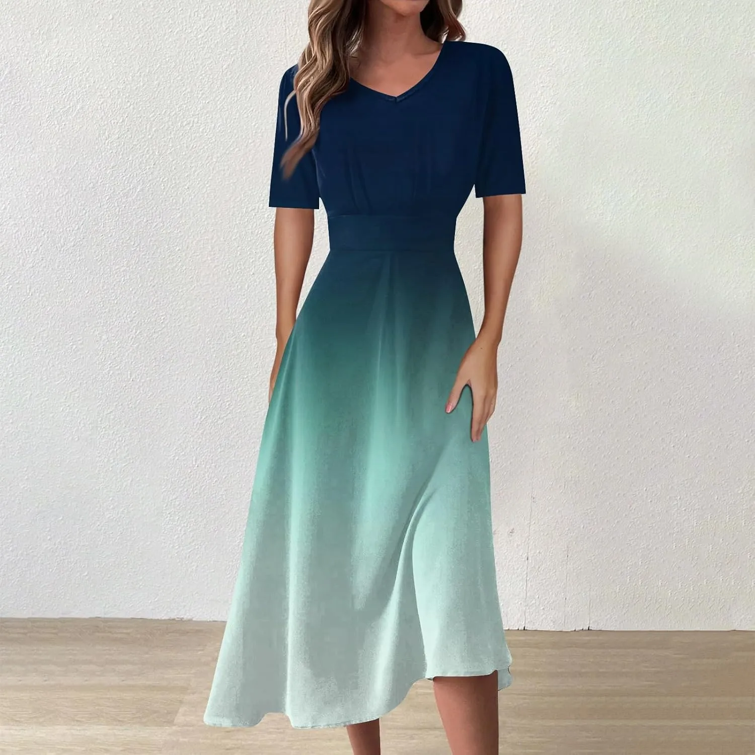 FlekmanArt Maxi Dress for Women Print Short Sleeve A-Line Beach Waist V Neck Trendy Swing Dress