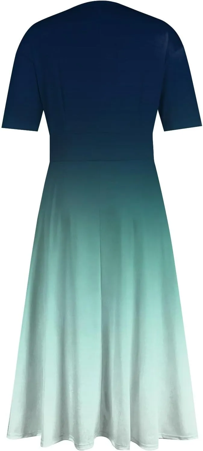 FlekmanArt Maxi Dress for Women Print Short Sleeve A-Line Beach Waist V Neck Trendy Swing Dress