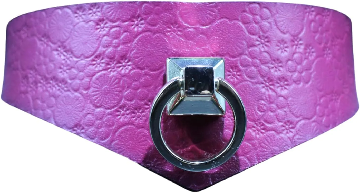 Floral Embossed Leather Choker with O-Ring, Pink, Gothic Fashion Collar