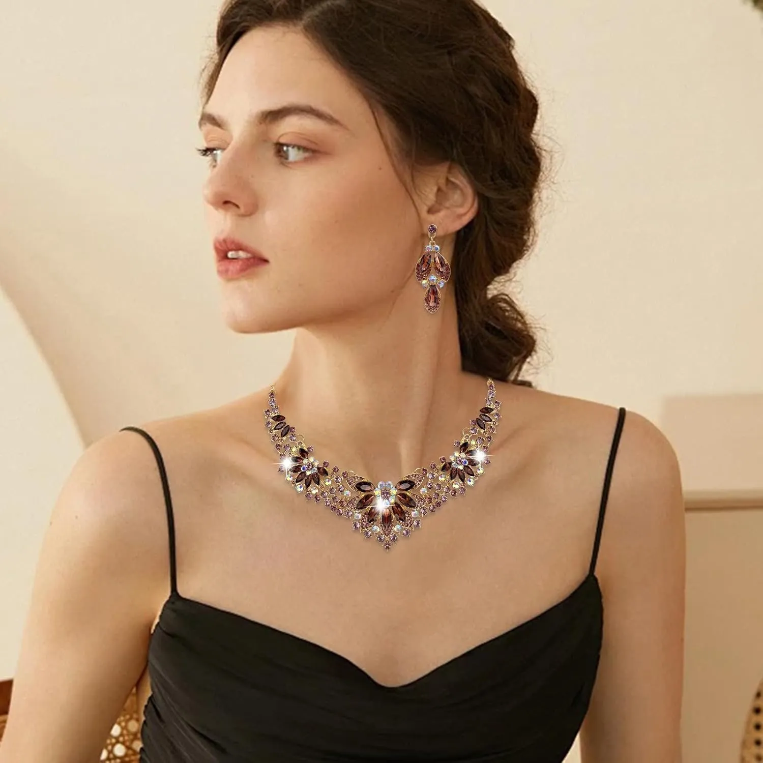 FUNOJOY Crystal Flower Jewelry Set for Women, Rhinestone Necklace and Earrings, Gold-Tone Wedding Party Statement Jewelry