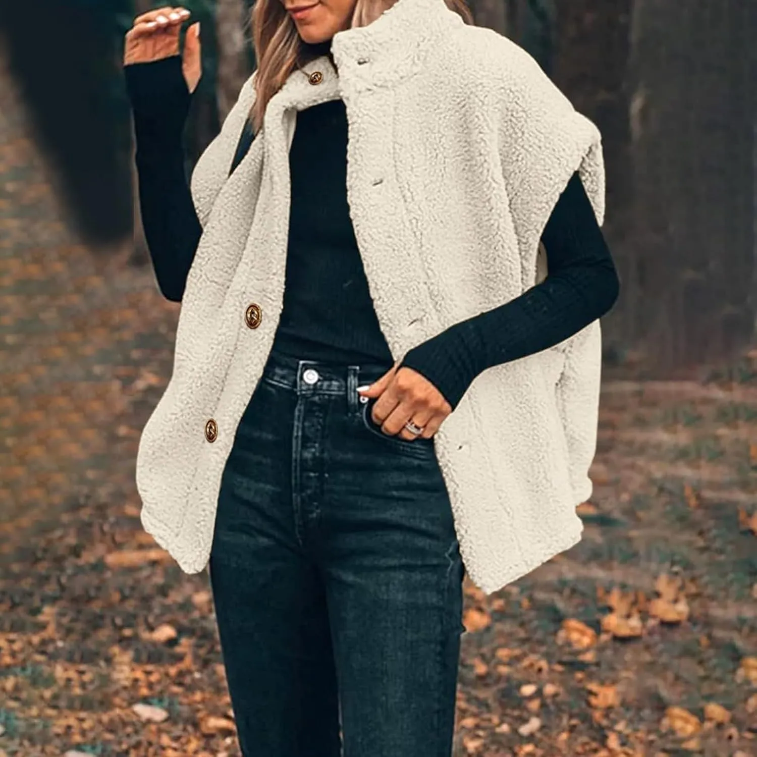 Fuzzy Fleece Vest for Women Stand Collar Button Casual Waistcoat Trendy Lightweight Loose Warm Winter Gilet Outerwear