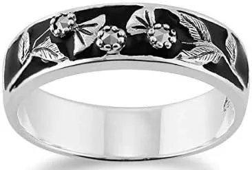 Gemondo Sterling Silver 925 Marcasite with Floral Pattern Over Black Enamel Band Ring