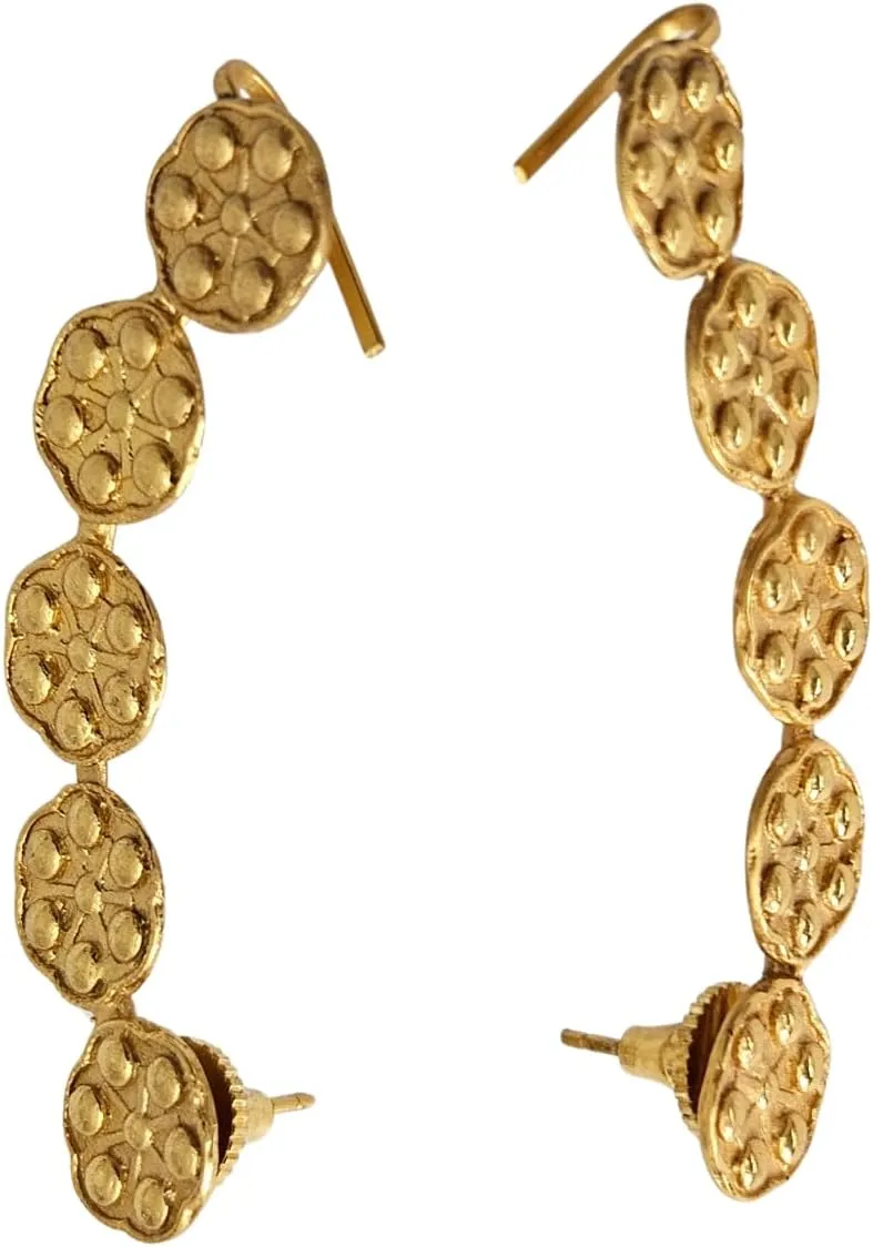 Gold Floral 22K Gold Plated Ear Cuff Earrings, 5-Disc Pattern, Vintage Style