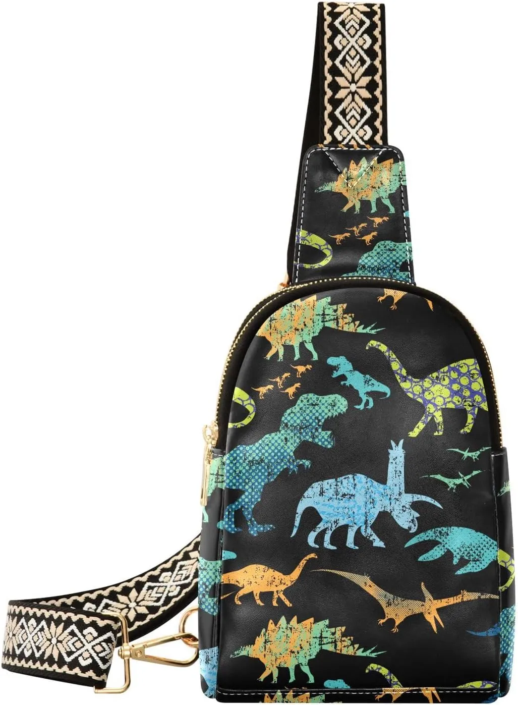 Grunge Dinosaur Dino Fanny Pack Crossbody PC Leather Small Sling Bag for Women Black Fashion Waist Packs Chest Bag for Travel Sports Running Hiking