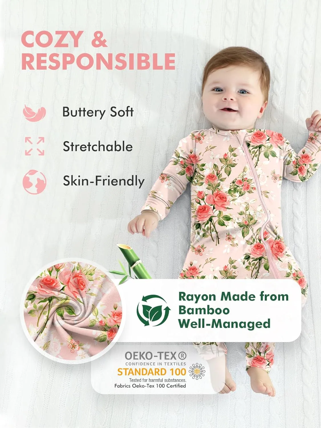 HAPIU Unisex Rayon Made from Bamboo Baby Rompers with Cuffs, 2 Way Zipper YKK, Footless Pajamas Jumpsuit
