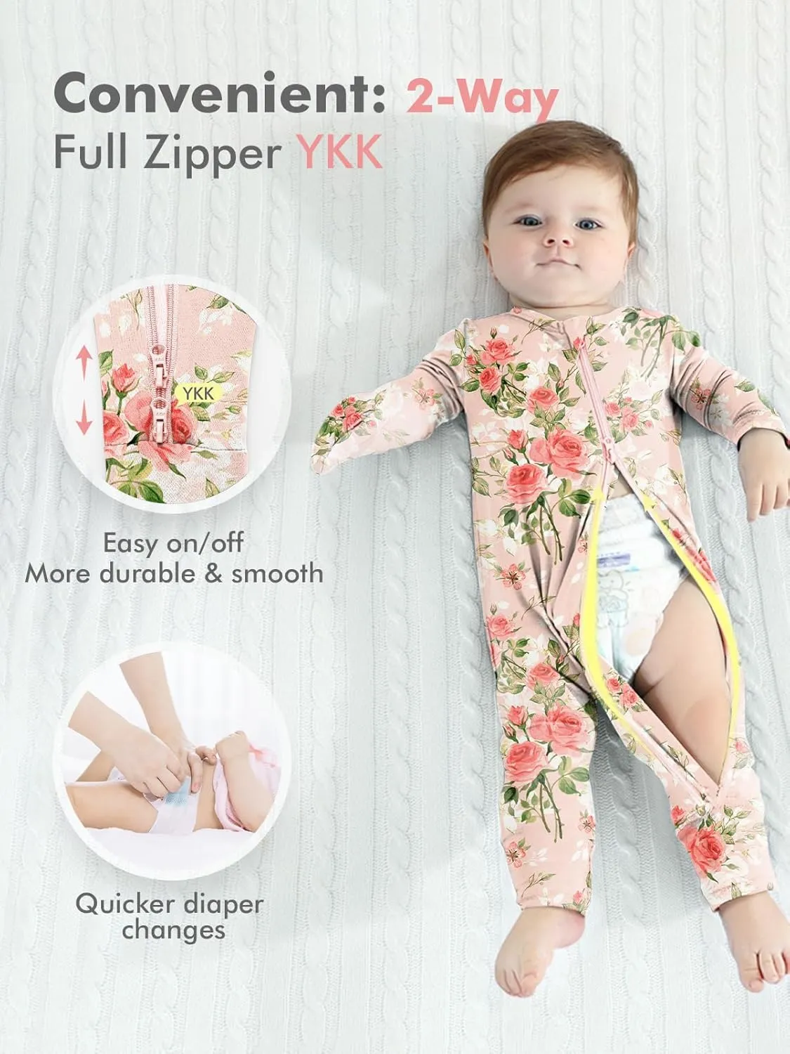 HAPIU Unisex Rayon Made from Bamboo Baby Rompers with Cuffs, 2 Way Zipper YKK, Footless Pajamas Jumpsuit