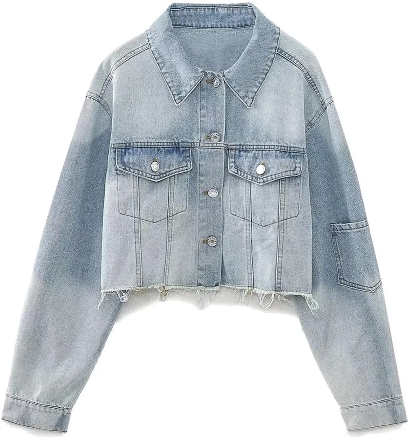Hdhdeueh Denim Jackets For Womens Coats Single Breasted Pockets Turn-Down Collar Long Sleeve Jean Jacket