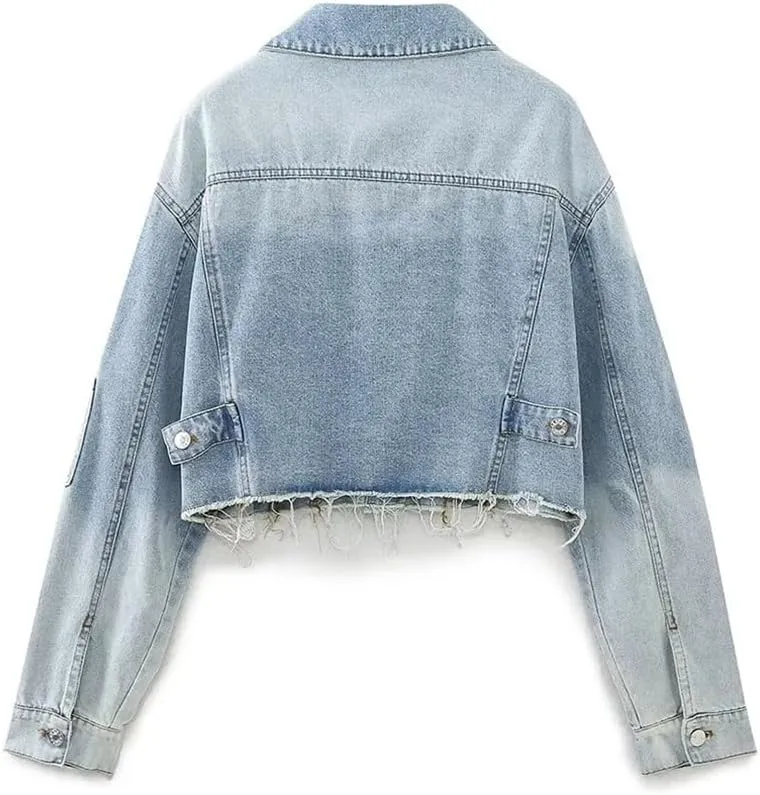 Hdhdeueh Denim Jackets For Womens Coats Single Breasted Pockets Turn-Down Collar Long Sleeve Jean Jacket