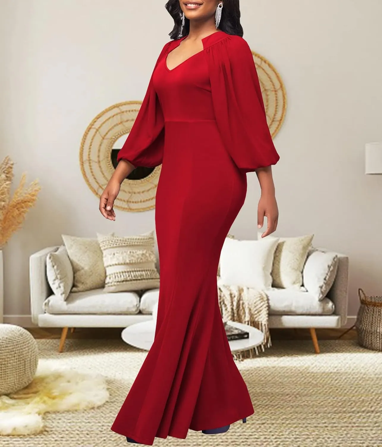 HugeNice Colorful Maxi Dresses for Women Sexy Long Sleeve Deep V Neck Bodycon Floor Length Dress